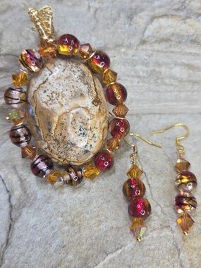 Wirewrapped Jasper Handmade Murano Glass Bead Pendant Necklace Matching Earrings
